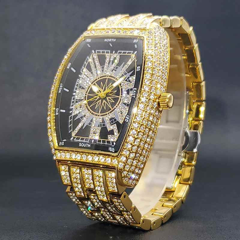 Business Luxury Full Diamond Men's Watch, Tonneau Compass Diamond-Encrusted Steel Band Waterproof Wristwatch