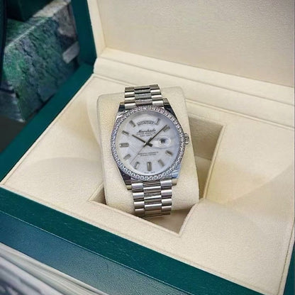 Business Day-Date Men's Watch, Diamond Bezel Steel Band Wristwatch, Luxury Versatile Quartz Watch