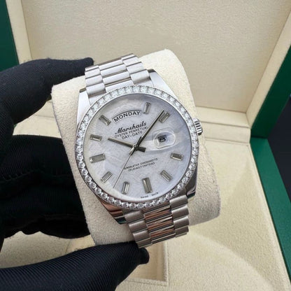 Business Day-Date Men's Watch, Diamond Bezel Steel Band Wristwatch, Luxury Versatile Quartz Watch