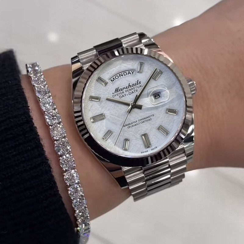 Business Day-Date Men's Watch, Diamond Bezel Steel Band Wristwatch, Luxury Versatile Quartz Watch