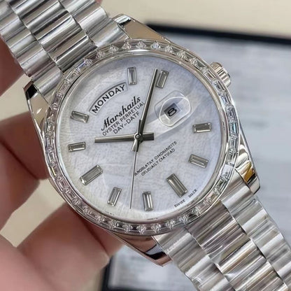 Business Day-Date Men's Watch, Diamond Bezel Steel Band Wristwatch, Luxury Versatile Quartz Watch
