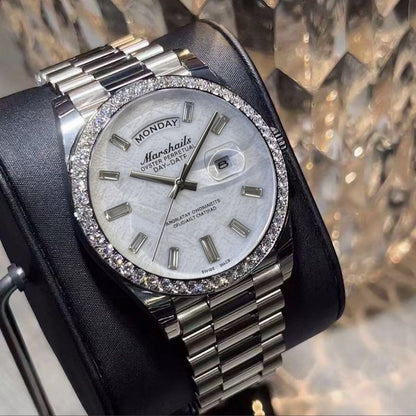 Business Day-Date Men's Watch, Diamond Bezel Steel Band Wristwatch, Luxury Versatile Quartz Watch