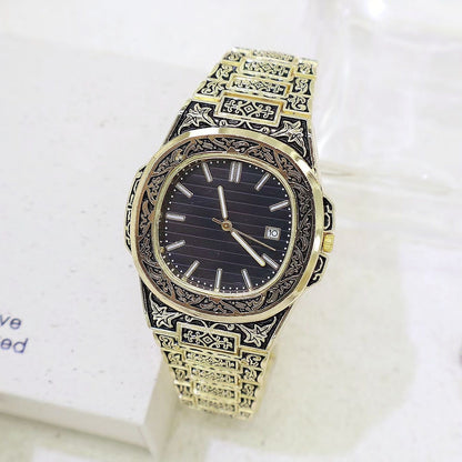 Versatile Daily Retro Engraved Watch, Nautilus-Style Vintage Steel Band Men's Wristwatch