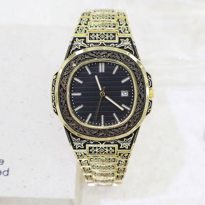 Versatile Daily Retro Engraved Watch, Nautilus-Style Vintage Steel Band Men's Wristwatch