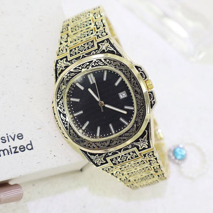 Versatile Daily Retro Engraved Watch, Nautilus-Style Vintage Steel Band Men's Wristwatch