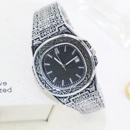Versatile Daily Retro Engraved Watch, Nautilus-Style Vintage Steel Band Men's Wristwatch