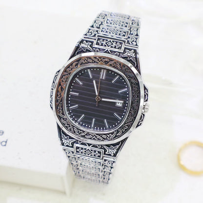 Versatile Daily Retro Engraved Watch, Nautilus-Style Vintage Steel Band Men's Wristwatch