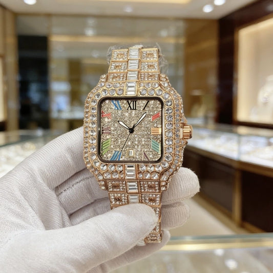 【#A60】Party Statement Full Diamond Men's Watch, Colored Markers Square Diamond-Encrusted Steel Band Wristwatch