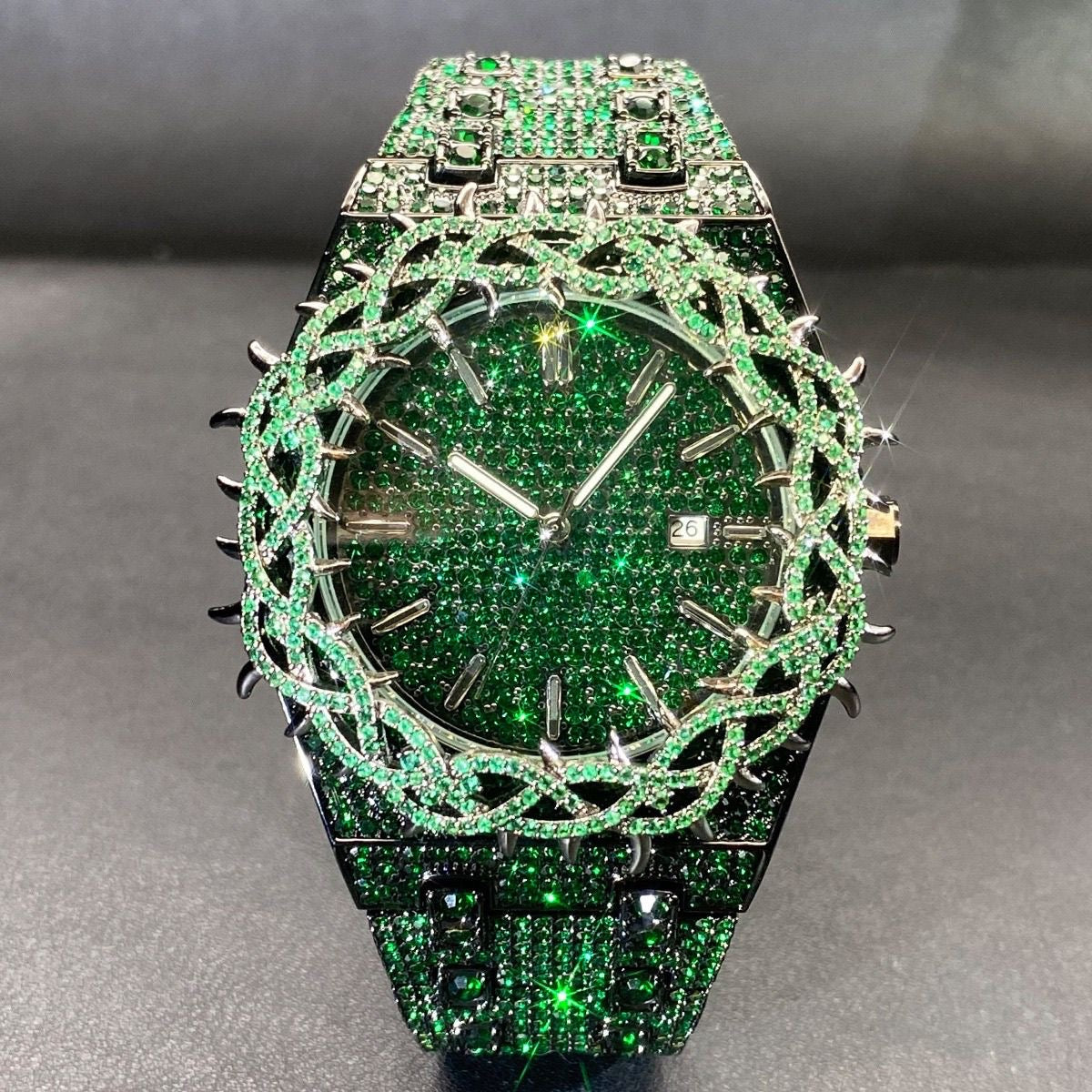 Hip-Hop Style Full Diamond Men's Watch, Hollow Spiked Bezel Luminous Wristwatch, Party Statement Versatile Quartz Watch
