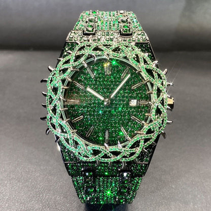 Hip-Hop Style Full Diamond Men's Watch, Hollow Spiked Bezel Luminous Wristwatch, Party Statement Versatile Quartz Watch