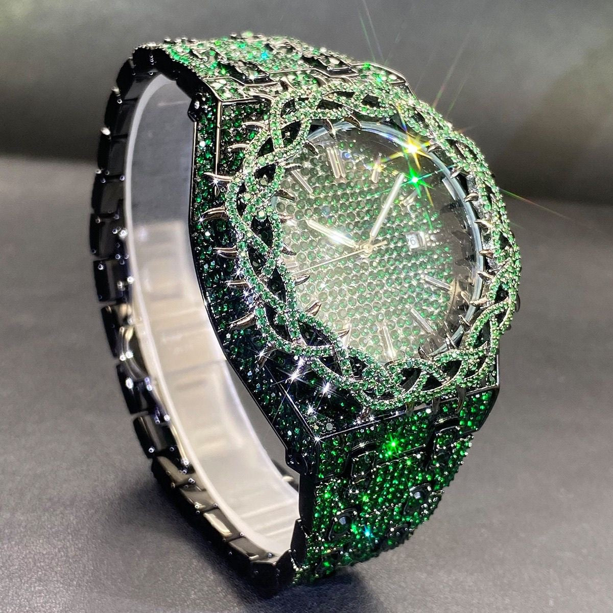 Hip-Hop Style Full Diamond Men's Watch, Hollow Spiked Bezel Luminous Wristwatch, Party Statement Versatile Quartz Watch