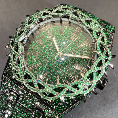 Hip-Hop Style Full Diamond Men's Watch, Hollow Spiked Bezel Luminous Wristwatch, Party Statement Versatile Quartz Watch