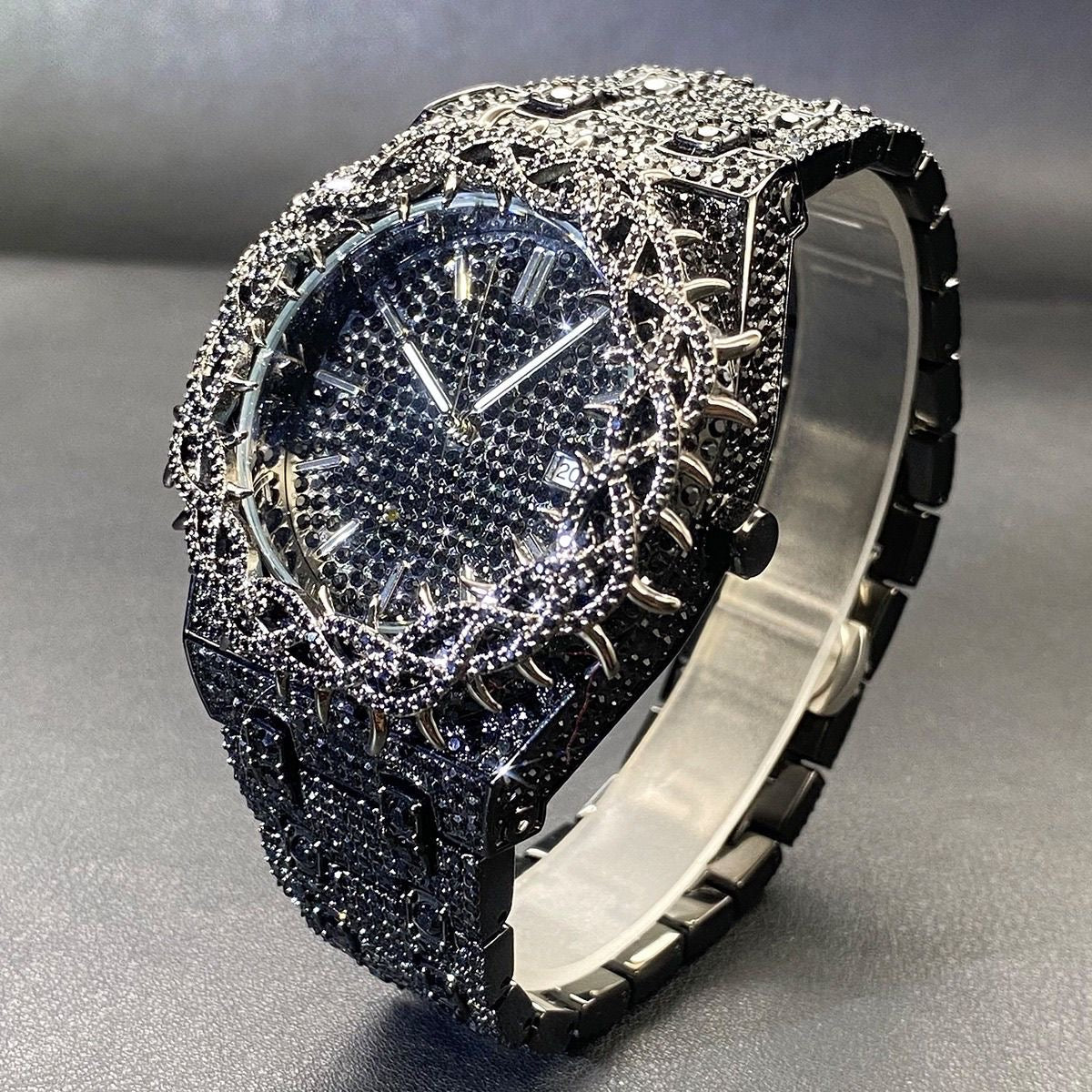 Hip-Hop Style Full Diamond Men's Watch, Hollow Spiked Bezel Luminous Wristwatch, Party Statement Versatile Quartz Watch