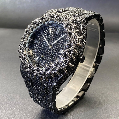 Hip-Hop Style Full Diamond Men's Watch, Hollow Spiked Bezel Luminous Wristwatch, Party Statement Versatile Quartz Watch