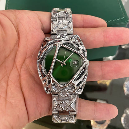 Unique Hollow Metal Skeleton Men's Watch, Vintage Sculpted Steel Band Wristwatch, Niche Edgy Versatile Quartz Watch