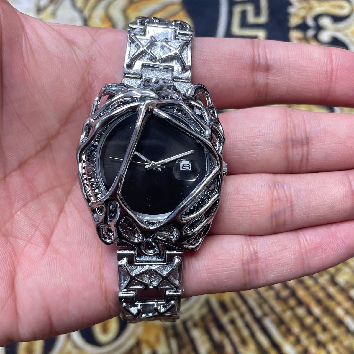 Unique Hollow Metal Skeleton Men's Watch, Vintage Sculpted Steel Band Wristwatch, Niche Edgy Versatile Quartz Watch