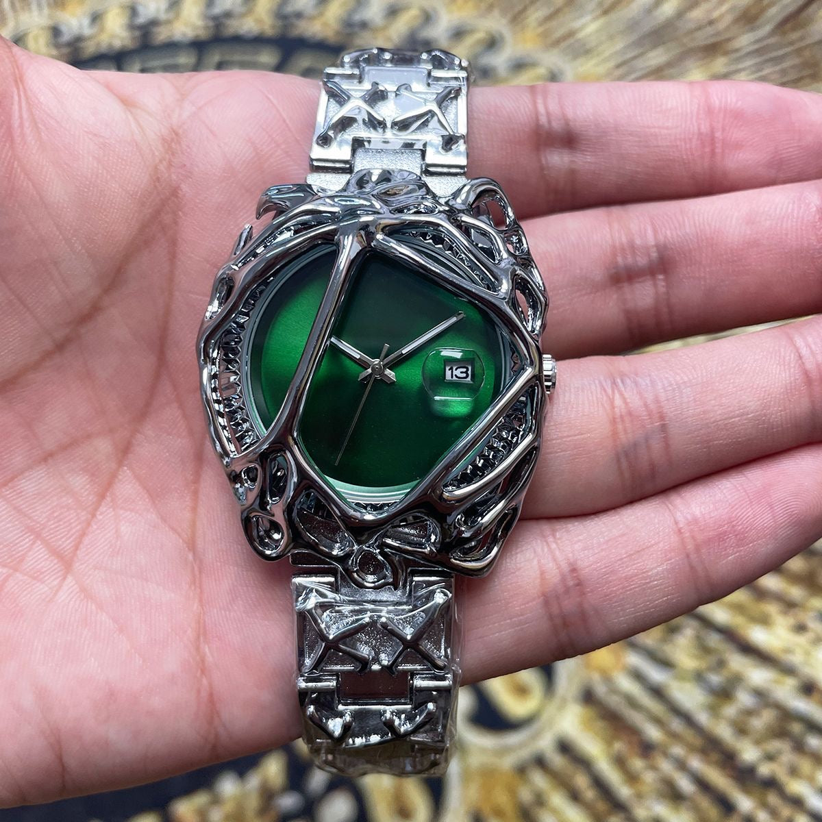 Unique Hollow Metal Skeleton Men's Watch, Vintage Sculpted Steel Band Wristwatch, Niche Edgy Versatile Quartz Watch