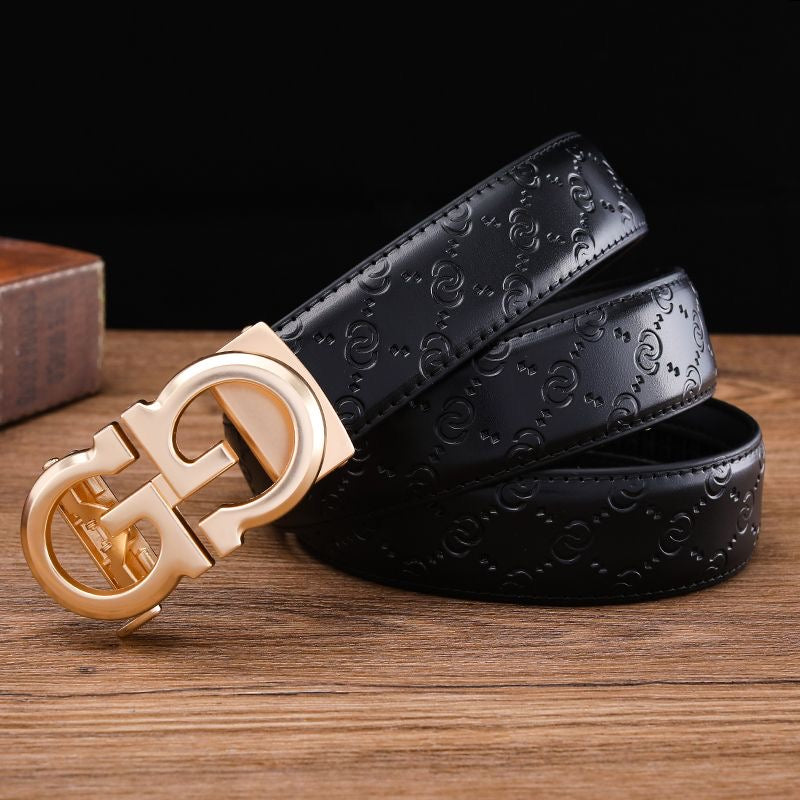Men's Embossed Automatic Buckle Belt, Business Casual Textured Strap, Versatile Durable Belt for Suits & Jeans