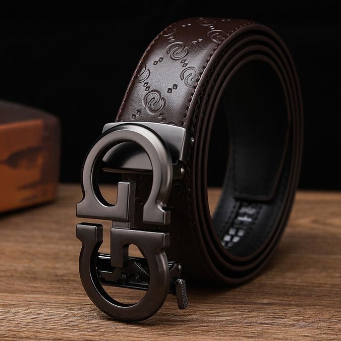 Men's Embossed Automatic Buckle Belt, Business Casual Textured Strap, Versatile Durable Belt for Suits & Jeans