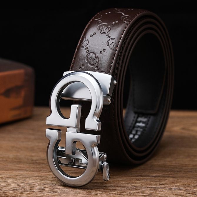 Men's Embossed Automatic Buckle Belt, Business Casual Textured Strap, Versatile Durable Belt for Suits & Jeans