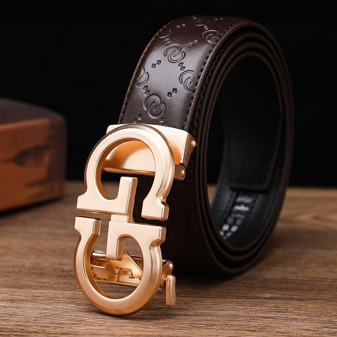 Men's Embossed Automatic Buckle Belt, Business Casual Textured Strap, Versatile Durable Belt for Suits & Jeans