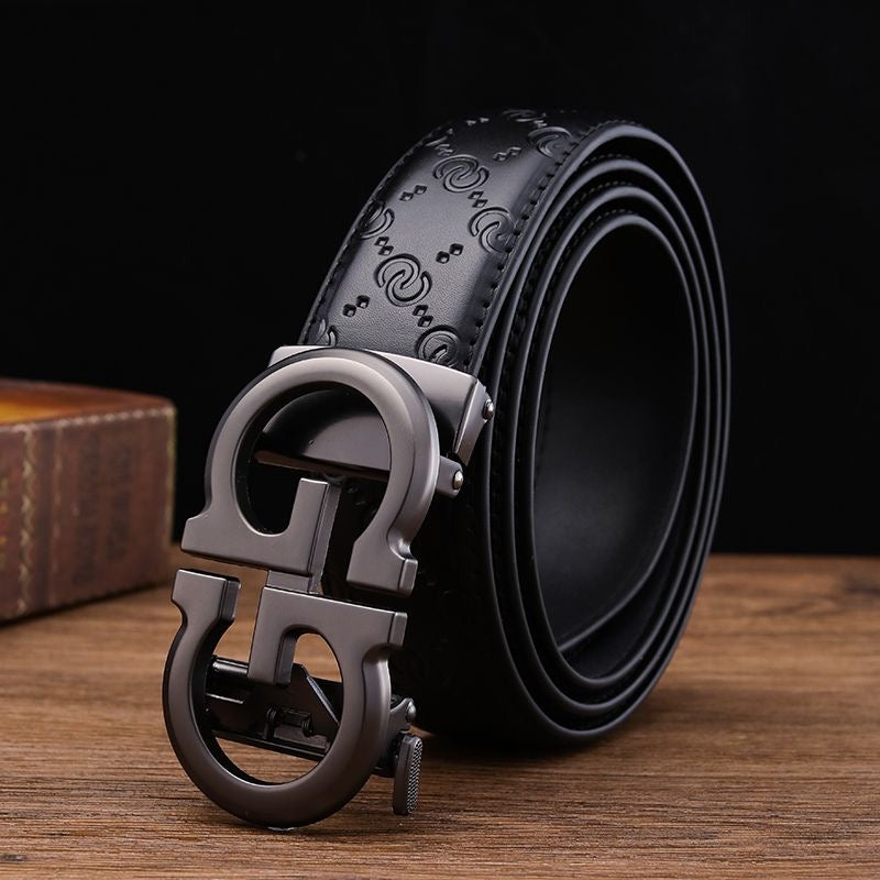 Men's Embossed Automatic Buckle Belt, Business Casual Textured Strap, Versatile Durable Belt for Suits & Jeans