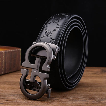 Men's Embossed Automatic Buckle Belt, Business Casual Textured Strap, Versatile Durable Belt for Suits & Jeans