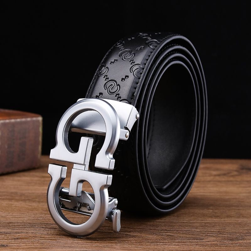Men's Embossed Automatic Buckle Belt, Business Casual Textured Strap, Versatile Durable Belt for Suits & Jeans