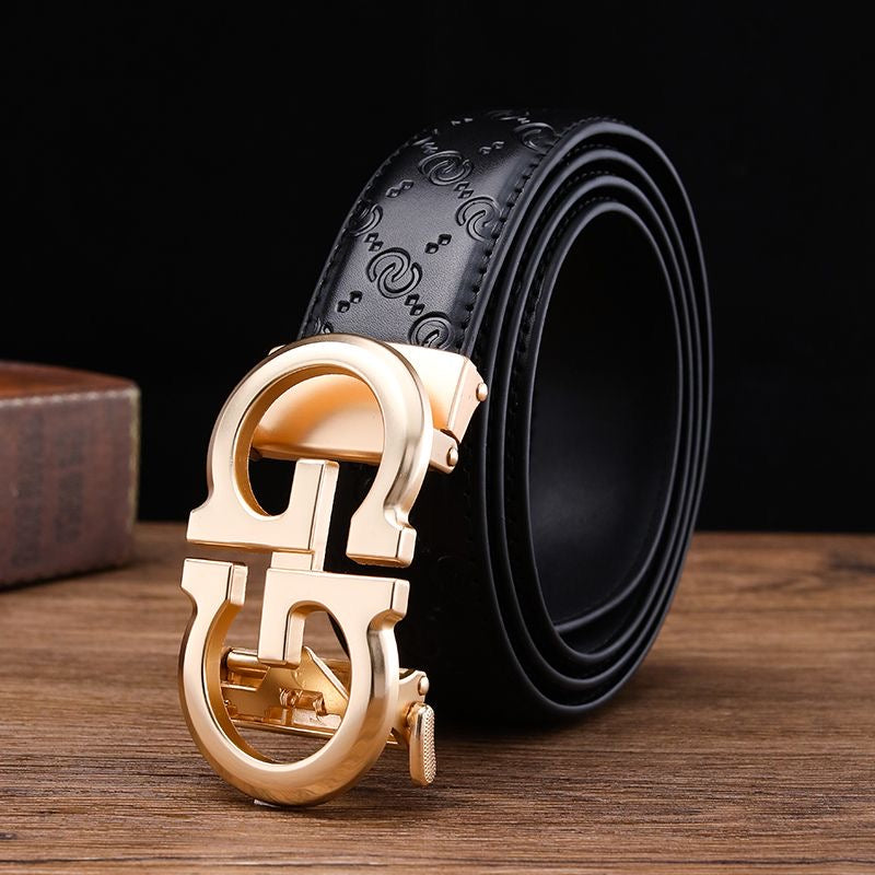Men's Embossed Automatic Buckle Belt, Business Casual Textured Strap, Versatile Durable Belt for Suits & Jeans