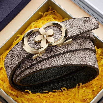 Women's Fashion Printed Automatic Buckle Belt, Simple Flower Buckle Versatile Casual Strap, Decorative Belt for Jeans