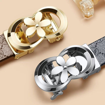 Women's Fashion Printed Automatic Buckle Belt, Simple Flower Buckle Versatile Casual Strap, Decorative Belt for Jeans