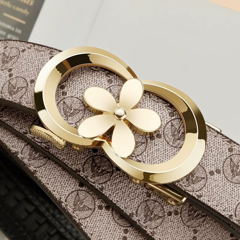 Women's Fashion Printed Automatic Buckle Belt, Simple Flower Buckle Versatile Casual Strap, Decorative Belt for Jeans