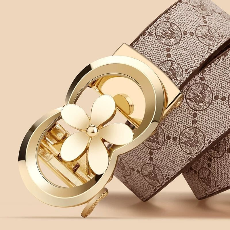 Women's Fashion Printed Automatic Buckle Belt, Simple Flower Buckle Versatile Casual Strap, Decorative Belt for Jeans