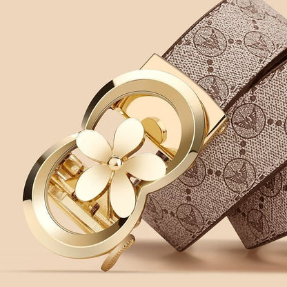Women's Fashion Printed Automatic Buckle Belt, Simple Flower Buckle Versatile Casual Strap, Decorative Belt for Jeans