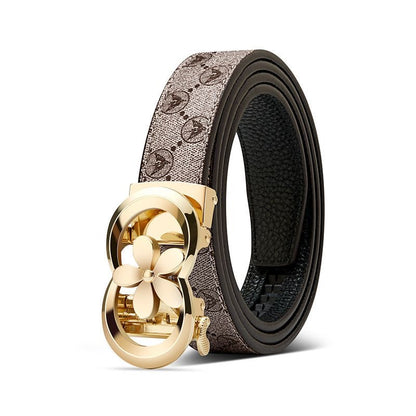 Women's Fashion Printed Automatic Buckle Belt, Simple Flower Buckle Versatile Casual Strap, Decorative Belt for Jeans