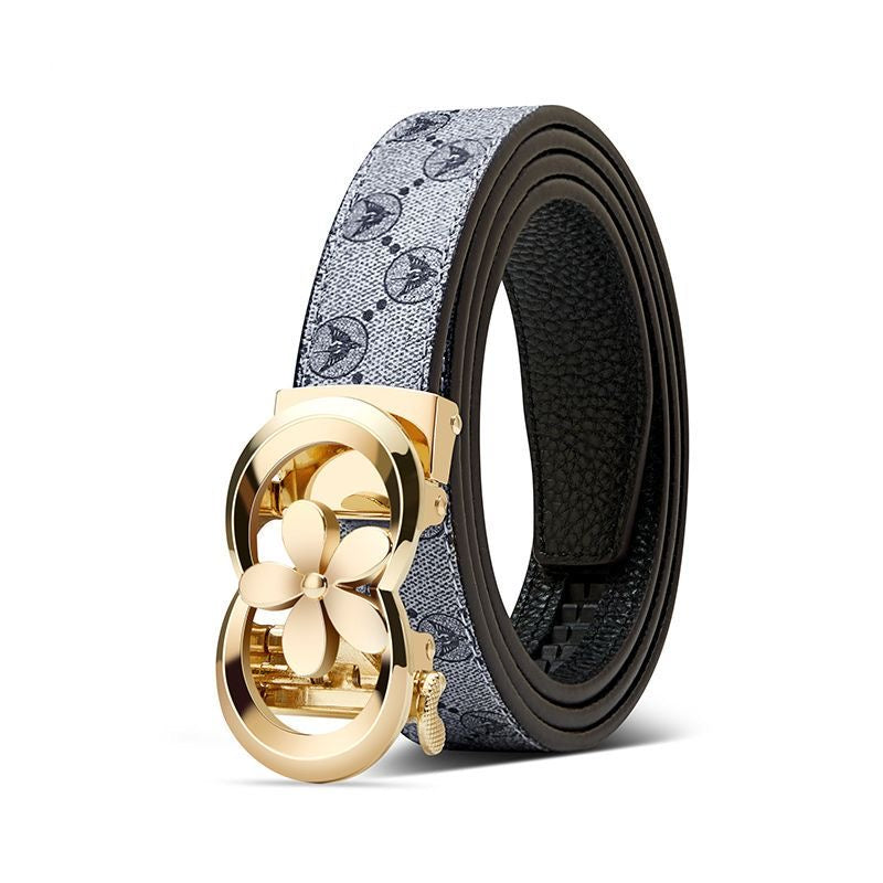 Women's Fashion Printed Automatic Buckle Belt, Simple Flower Buckle Versatile Casual Strap, Decorative Belt for Jeans