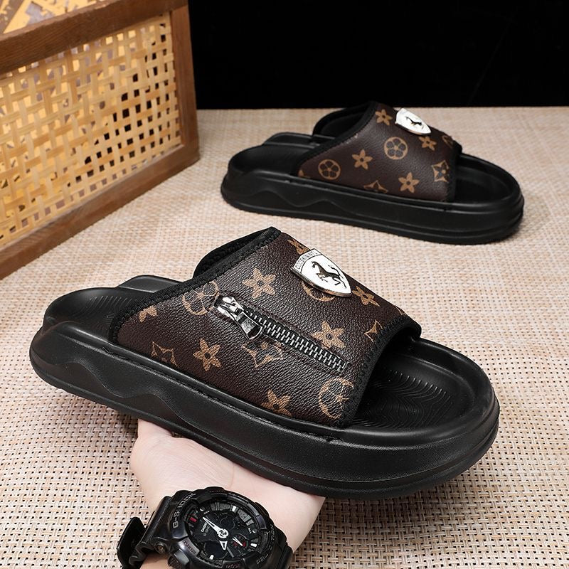 Retro Monogram Print Thick-Sole Slippers, Trendy Zipper & Badge Slide Sandals, Summer Non-Slip Outdoor Slides