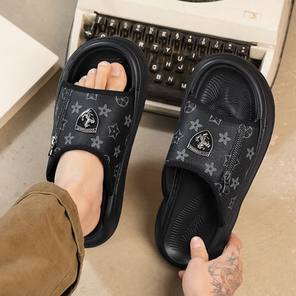 Retro Monogram Print Thick-Sole Slippers, Trendy Zipper & Badge Slide Sandals, Summer Non-Slip Outdoor Slides