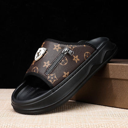 Retro Monogram Print Thick-Sole Slippers, Trendy Zipper & Badge Slide Sandals, Summer Non-Slip Outdoor Slides