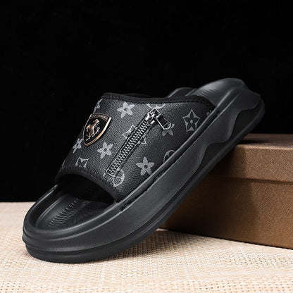 Retro Monogram Print Thick-Sole Slippers, Trendy Zipper & Badge Slide Sandals, Summer Non-Slip Outdoor Slides