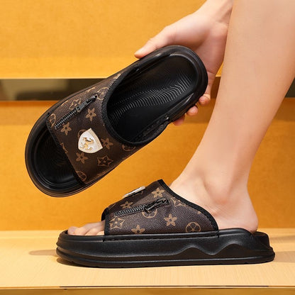 Retro Monogram Print Thick-Sole Slippers, Trendy Zipper & Badge Slide Sandals, Summer Non-Slip Outdoor Slides