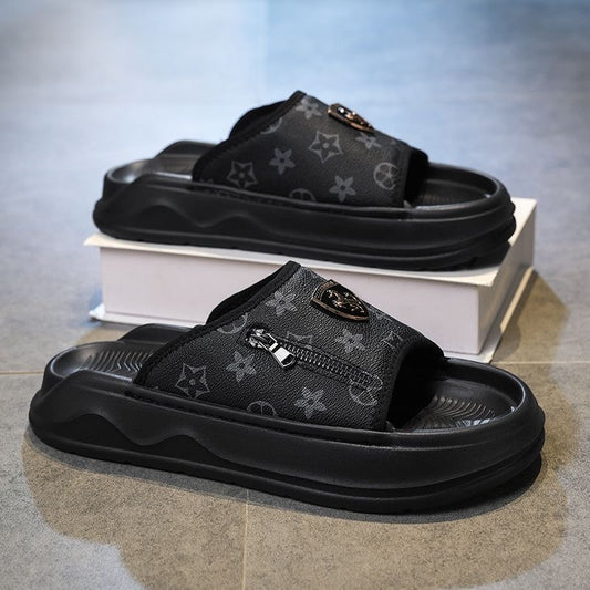 Retro Monogram Print Thick-Sole Slippers, Trendy Zipper & Badge Slide Sandals, Summer Non-Slip Outdoor Slides
