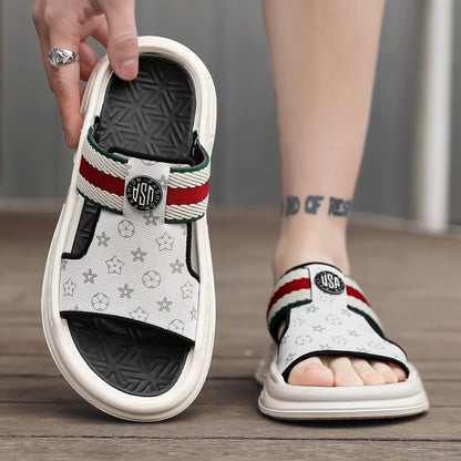 Retro Monogram Print Thick-Sole Slippers, Striped Webbing Slide Sandals, Summer Non-Slip Outdoor Slides