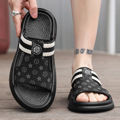 Retro Monogram Print Thick-Sole Slippers, Striped Webbing Slide Sandals, Summer Non-Slip Outdoor Slides