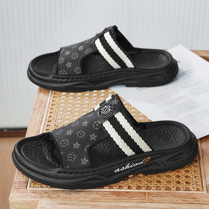 Retro Monogram Print Thick-Sole Slippers, Striped Webbing Slide Sandals, Summer Non-Slip Outdoor Slides