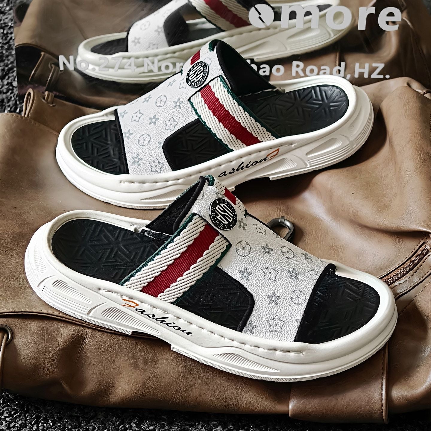 Retro Monogram Print Thick-Sole Slippers, Striped Webbing Slide Sandals, Summer Non-Slip Outdoor Slides
