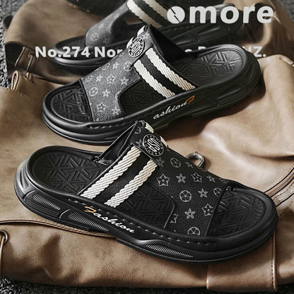Retro Monogram Print Thick-Sole Slippers, Striped Webbing Slide Sandals, Summer Non-Slip Outdoor Slides