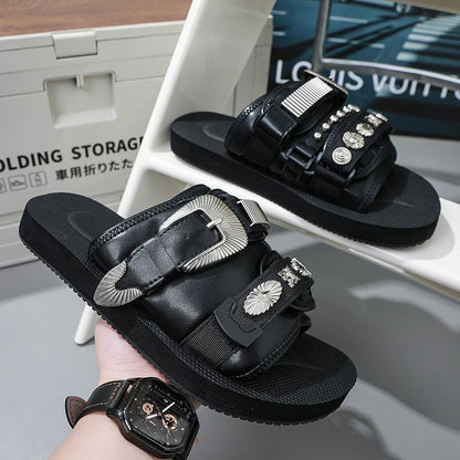 Western-Style Rivet & Metal Buckle Slide Sandals, Vintage Leather Slides, Edgy Non-Slip Thick-Sole Outdoor Slippers