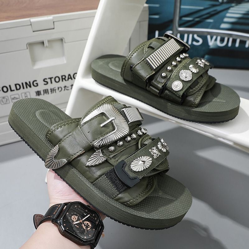 Western-Style Rivet & Metal Buckle Slide Sandals, Vintage Leather Slides, Edgy Non-Slip Thick-Sole Outdoor Slippers
