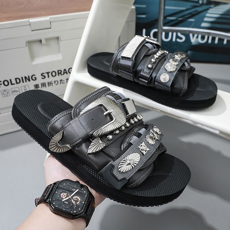 Western-Style Rivet & Metal Buckle Slide Sandals, Vintage Leather Slides, Edgy Non-Slip Thick-Sole Outdoor Slippers